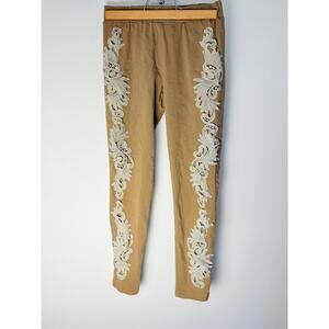Pretty Angle Girls Tan White Embroidered Floral Elastic Waist Legging Pants L